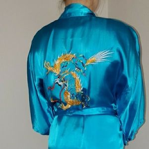 Blue Satin Robe with Dragon Embroidered back and Pockets